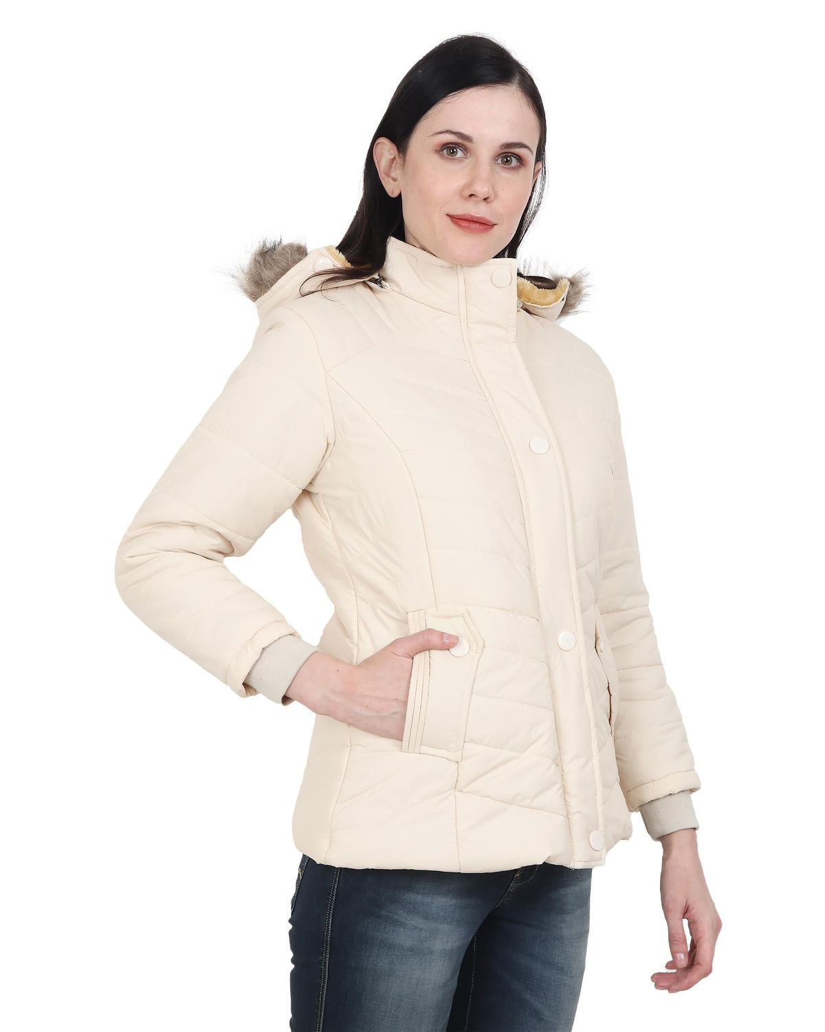 Xohy Women's Cream Winter Wear Full Sleeve Solid Puffer Jacket